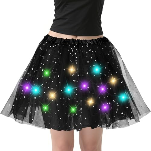 LED Tüllrock Damen Tütü Rock, 40CM Sterne Pailletten Ballettrock Schwarz, Minirock Mit LED Lichter, Tüllrock Damen für Halloween Kostüm Karneval