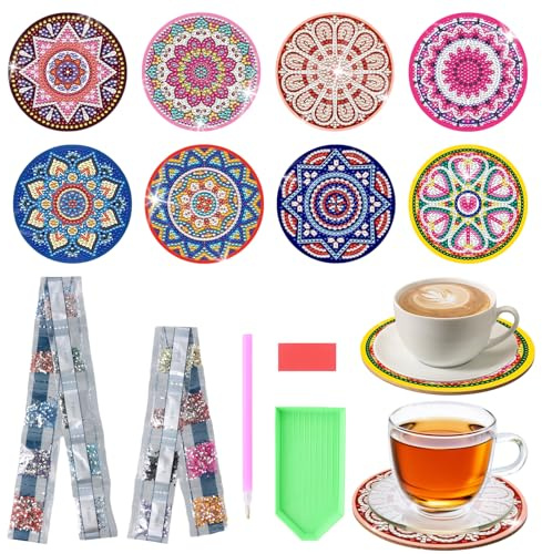 Aohyue 8 Stück Diamond Painting Untersetzer, Mandala Bastelset für Erwachsene, Untersetzer Diamond Painting für Kinder, DIY Kreativset, mit Diamond Bag und Point Diamond Kit