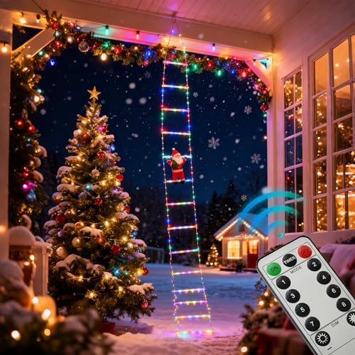 BORDEAG LED Weihnachtsmann Leiter,3.2 Meter 8 Modi Weihnachtsbeleuchtung Balkon Fenster Mit Fernbedienung,Weihnachtsdeko-Lichter,LED Weihnachtsbeleuchtung Für Innen,Garten,Haus,Außen,Fenster