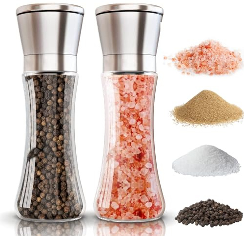 Salt and Pepper Grinder Set, 2 Pack 200ml Manual Mill Grinders, Adjustable Coarseness Glass Body Shaker, Refillable Stainless Steel Salt and Pepper Shakers for Coarse & Fine Grinding