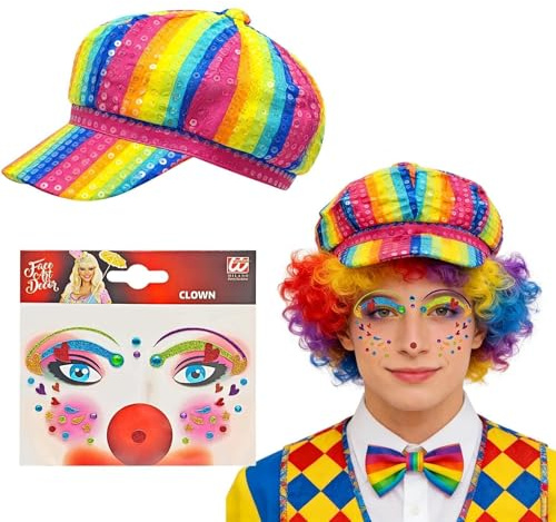Mütze Lillipop mit Pailletten, Mütze für einen Clown + Face Art Sticker Clown, Bunte Kopfbedeckung für Karneval, Temporäre Tattoos, Lustige kopfbedeckung für Fasching, Karneval Damen & Herren