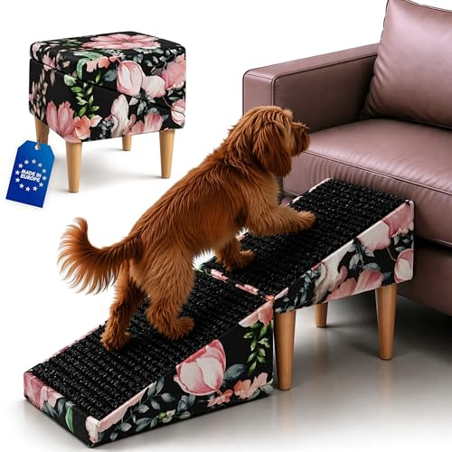 Outentin Hundetreppe Klappbar – rutschfeste Hunderampe & Weiche Haustiertreppe für Kleine & Große Hunde, Treppe für Sofa & Bett, Stabil & Faltbar, Möbeloptik, 36 cm Hoch – Zuhause, Blumen