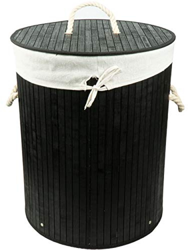HRB Wäschekorb mit Deckel Bambus in schwarz, Wäscheaufbewahrung mit herausnehmbaren Wäschesack aus Baumwolle, faltbar, Wäsche Sortierer mit einem Ø 40 cm (Schwarz)