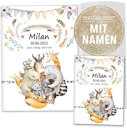 OLGS U-Heft und Impfpass Hüllen 3-teiliges Set Boho Freunde Tiere | Untersuchungsheft Schutzhülle & Impfpasshülle mit Namen (Uhefthülle, Impfpass Hülle personalisiert, Boho Freunde)