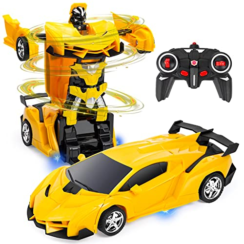Highttoy Ferngesteuertes Robot Auto für Kinder, Transformator Spielzeug ab 3 4 5 6 7 8 Jahre Jungs Mädchen Geschenk 360° Drehung 2.4GHz 1:18 Verformung RC Auto Roboter Spielzeug Gelb