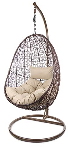 Kideo Komplettset: Hängesessel mit Gestell & Kissen, Korbsessel, Poly-Rattan (Gestell- und Korbfarbe: braun, Kissen: Hellbraun Chester-Stepp (7007_capucchino))