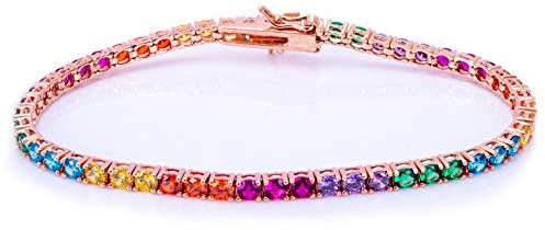 BRACCIALE TENNIS UOMO DONNA ARGENTO 925% CON ZIRCONI MULTICOLOR RAINBOW TENNIS CLASSICO, TENNIS CIPOLLINA TENNIS CARRè 19.5 CM, TENNIS MONTATURE RUTENIO, ORO E ORO ROSA (Oro Rosa)
