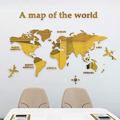 Wandaufkleber Wandtattoo 3D DIY Weltkarte Sticker Familie Wandbilder Wandkunst für Hause Wohnzimmer Schlafzimmer (Gold,L:180x100cm)