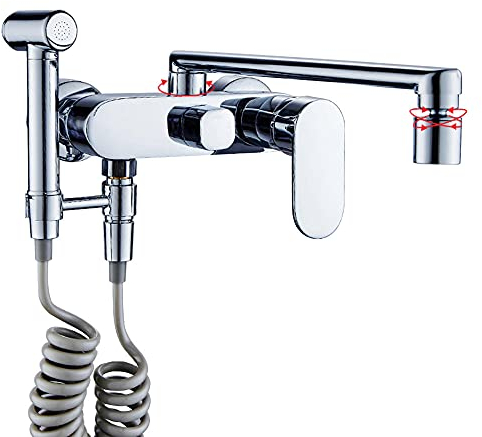 Robinet Mural Cuisine avec Douchette Embout Double Poignée Robinetterie Cuisine avec Pistolet de Pulvérisation Pivotant à 360° Mitigeur D'Evier Mural-Chromé_30Cm