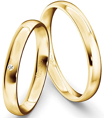 JC Trauringe Gelbgold 333 Paarpreis Eheringe Gold I Verlobungsringe Gold breit 3,0 mm I Partnerringe mit Gravur in edler Schatulle I 2 Hochzeitsringe Herrenring & Damenring mit Stein I Profil 11