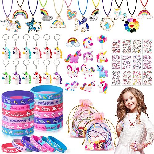 vamei 72 Stück Einhorn Party Kindergeburtstag Mitgebsel Gastgeschenke Einhornparty mit Silikonarmband Schlüsselanhänger Ringe Tattoos Kinder Mädchen