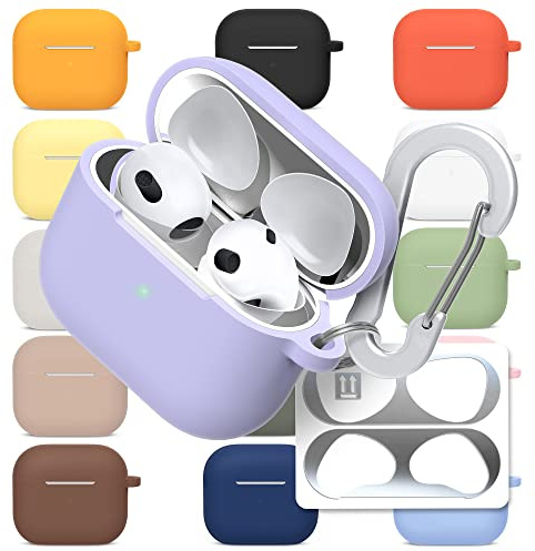 superdivision Silicone Case Cover Compatible with Apple AirPods 3 (2021), 3-in-1 Accessory Kit with Anti-Dust Metal Guard Film and Carabiner Keyring, Shockproof Protective Skin (Periwinkle)