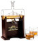AMAVEL Design-Whiskyfass mit Zwei Gläsern und graviertem Holz-Ständer, Motiv Kompass, Glasfass mit Edelstahlhahn, edles Geschenk für Whiskyliebhaber