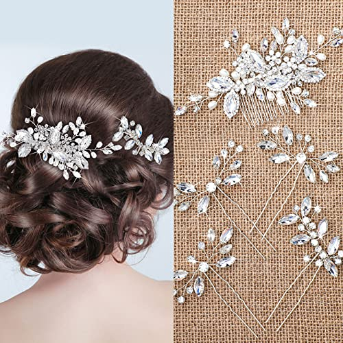 5 Pezzi Pettine per Capelli in Cristallo da Sposa Nuziale Mollette per Acconciatura d'Argento Fermaglio per Capelli con Strass di Perle Pettini Laterali Floreali Accessori per Matrimonio