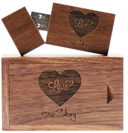 Unidad flash USB de madera de 32 GB y caja USB con diseño de grabado LOVE y Our Story para bodas/novios/padres/fotógrafos (nogal, USB 3.0 de 32 GB)
