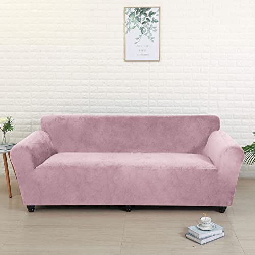 YOPOIY Velvet Sofa Überwürfe, Stretch Sofabezug Weich rutschfest Couchbezug Waschbar Wohnzimmer Möbel Protector für Hunde Haustier -Hell-Pink-3-Sitzer (185-230 cm)