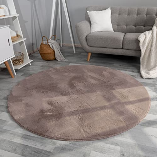 TT Home Wohnzimmer Teppich Hochflor Langflor Kunstfell Weich Modern Unifarben Flauschig, Farbe:Beige Taupe, Größe:80 cm Rund