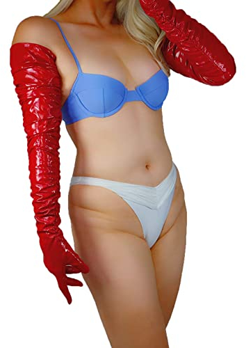 DooWay Damen-Handschuhe, gerüscht, lang, Leder, schmal, 100 cm, Kunstleder, super lang, Halloween-Kostüm, Opernhandschuhe, Glänzendes Rot, 38