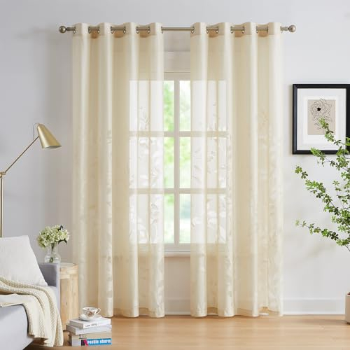 Treatmentex Durchsichtig Spitze Vorhang Jacquard Gardinen mit Ösen Blättermuster Halbtransparente Vorhänge Vintage Dekoschal Ösenvorhänge für Schlafzimmer Wohnzimmer, Beige, 2 Stücke,140×225CM(B×H)