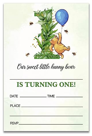Dolimifa Einladungskarten zum 1. Geburtstag, Motiv Winnie Puuh, blauer Luftballon, kleiner Hunny Bear, Winnie zum ersten Geburtstag, 20 Stück mit Umschlägen