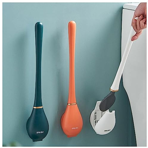 Flexible Toilettenbürste aus Silikon, Silikon Klobürste mit flachem und biegsamen Kopf, Moderne WC Bürste für die Wandmontage ohne Bohren, WC-Bürste mit Behälter für Badezimmer (Orange)