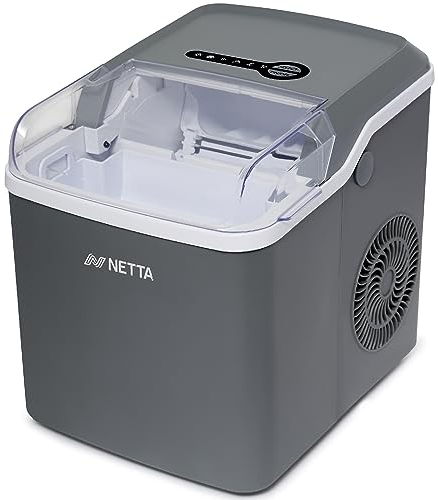 NETTA Ice Maker Machine for Home Use Makes Cubes in 10 Minutes - Large 12kg Capacity 1.2L Tank - No Plumbing Required - Includes Scooper and Removable Basket - Grey
