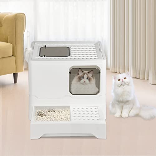 Bandeja de arena para gatos, gran casa de aseo de gato plegable con tapa, bandeja de cajón y pala para caña, portátil, WC para gatos con tapa para grandes y pequeños: 45 x 35 x 38 PP-blanco