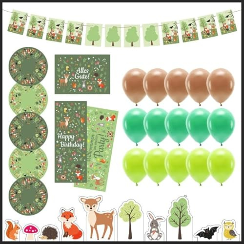 Waldtiere Kindergeburtstag Deko Box - Geburtstagsdeko Set für Jungen & Mädchen - Geburtstag Dekoration für Partys - Tischdeko mit Snackuntersetzern, Poster, Girlande uvm. - Party birthday