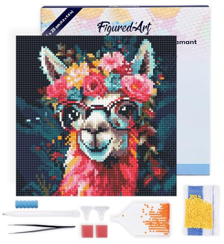 Figured'Art Mini Diamond Painting Erwachsene 25x25cm Mit Rahmen Ganze Leinwand gespannt Fantasie Lama mit Blumen 5D Bilder Runde Steine - DIY Set Basteln