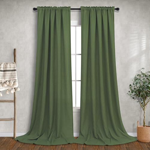 Extra lange olivgrüne Leinenvorhänge, 274 cm lang, 2 Paneele, modern und elegant, lichtdurchlässig, halbtransparent, smaragdgrün, Loden-Grün, für Wohnzimmer, Esszimmer, Schlafzimmer