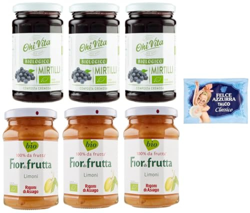 6er-Pack Testpaket Marmelade Ohi Vita Blaubeer + Rigoni di Asiago Zitronen,Cremiges Fruchtkompott,250g Glas + 1er-Pack Kostenlos Felce Azzurra Talkumpuder, 100g-Beutel