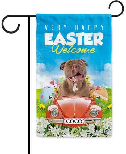 Ganshan Bi Gartenflagge mit Aufschrift Dog Happy Easter Spring Summer Welcome Pitbull, Red Nose Dog Drive a Car, Blumen, Ostereier, Hofflagge, Banner für den Außenbereich, doppelseitig, 31,8 x 45,7