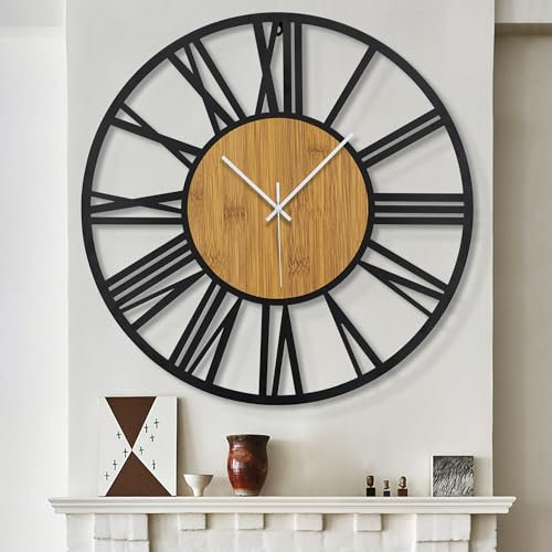 HAITANG 80 cm runde Holz-Wanduhr schwarz für Wohnzimmer-Dekoration, Vintage-Stil, römische Ziffern, geräuschlos, Nicht tickend, Hängeuhren für Zuhause, Garten, Büro, Café, Zimmerdekoration