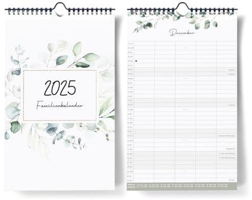 Familienkalender 2025 I Kalender mit 5 Spalten [Eukalyptus Design] I 20 x 32 cm A4+ I Familienplaner Wand I Monatskalender Okt 2024 - Dez 2025, mit Ferien- und Feiertagen, Stundenplänen uvm