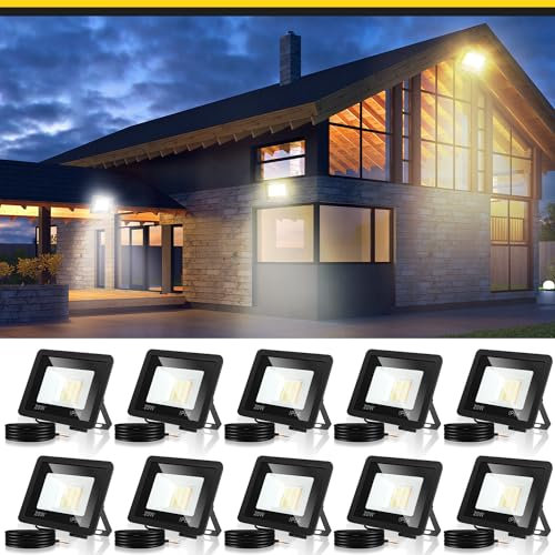 Fiqops LED Strahler 20W 10er, Fluter 3000K Warmweiß 1700LM, Scheiwerfer IP66 Wasserdicht, Flutlicht Außenstrahler Außenleuchte für Werkstatt Garage Garten