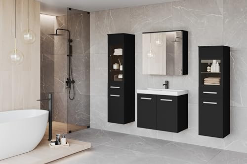 MINIO go for it - Badezimmermöbel Set Marit 2, ohne LED-Belechtung, Wandspiegelschrank, Schrank mit Waschbecken, Farbe: Schwarz matt