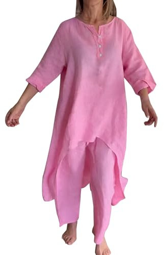 Generisch Ensemble décontracté en toile de coton uni pour femme - Manches longues - Jambe large - Pantalon de yoga - Ustensiles de yoga pour femme, Rose, S