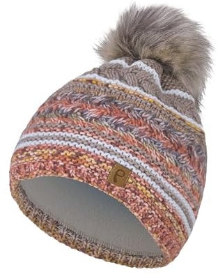 Faera Warme Damen Bommelmütze mit Kunstfell-Bommel und Thermo-Fleece Futter, Farben:Orange, Größe:One Size