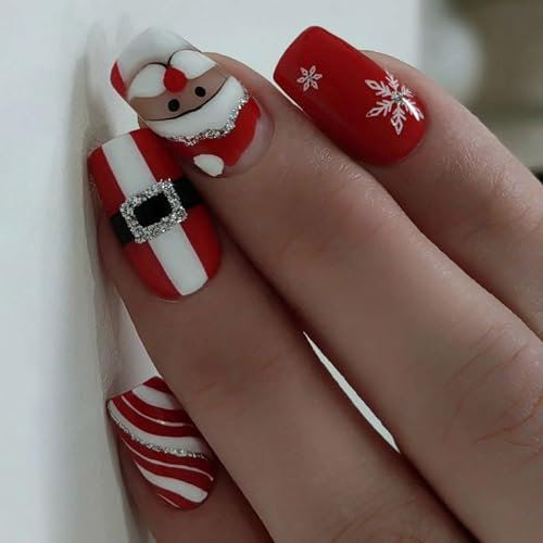Lot de 24 faux ongles de Noël à rayures - Motif Père Noël