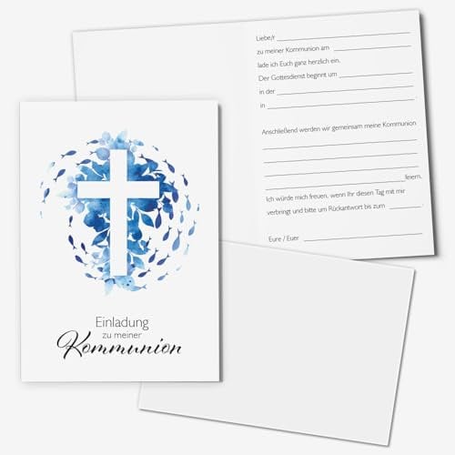 younikat Einladungskarten Kommunion I 15x DIN A6 zum Ausfüllen mit Lückentext I inkl. Umschlägen I Klappkarte Aquarell Blau Fische Kreuz I dv1558