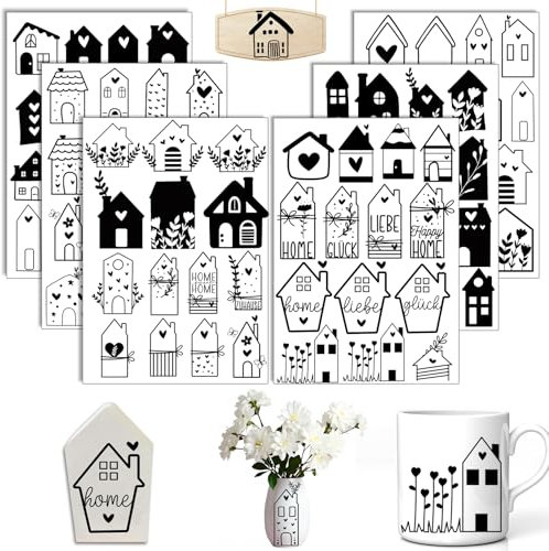 Rub On Sticker Haus, 6 Stück A5 Rub On Aufkleber, Folie Transferaufkleber, für Raysin, Möbel, Glas, Holz, Scrapbooking, DIY Basteln Deko (Haus)