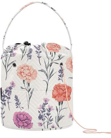 Borsa porta filati con fiori bianchi e rossi e viola, borsa portatile per lavori a maglia, accessori per uncinetto