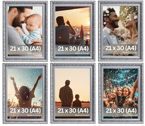 VictoR vintage Bilderrahmen „Rubens“ 6er Set in 21x30 cm (A4) schwarz silber - Leiste: 30x20mm - Echtglas - Fotorahmen barock - antik - Bilderrahmen Set A4 vintage