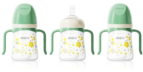 Oberni Toddler Sippy Cup, Weighted Straw Baby Drinking Water Bottle with Valved Spout for 6+ Months, 300ml/Green/3Pack
