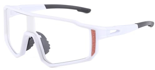 Long Keeper Fahrradbrille Photochrom Sport Sonnenbrille Radsport Klar Radbrille Rennrad MTB Radfahren Brille Transparent Licht Sportbrille für Damen Herren (Weiß)