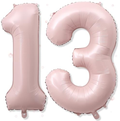 13th Birthday Balloons for Girls, 40'' Foil Self Inflating Dusty Light Baby Pink Number 13 Balloon, Blush Pastel Pink Large Helium 13 Balloon Number for Birthday Party Decor Anniversary Decorations