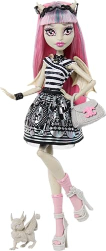 Monster High Boo-riginal Creeproduction Rochelle Goyle Puppe | Sammler-Puppe, Gargoyle mit schwarz-weiß gestreiftem Kleid, Puppenständer, Tagebuch und Haustier Griffin Roux, JHK57