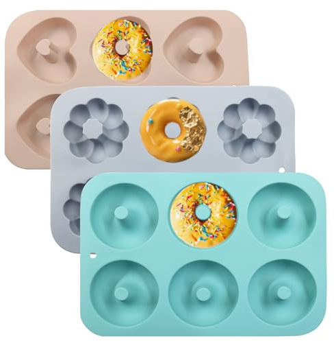 Aoserge Non-Stick Doughnut Pan Set of 3 - Flexible Silica gel Baking Molds for Perfect Donuts, Cakes & Bagels, Dishwasher Safe, Just Pop Out for Easy Release, BPA-Free & Odorless（Multiple styles）