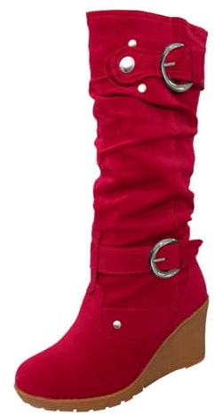 Stivali da donna Mid calf stivali da donna alla moda sopra il ginocchio con cerniera, punta rotonda, tinta unita, suola spessa, scarpe classiche con zeppa in gomma da donna, Colore: rosso, 38.5 EU