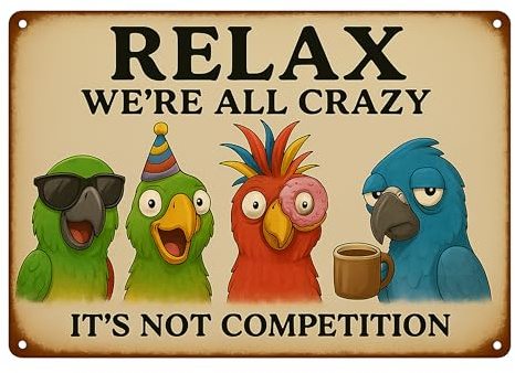 AstraDesign Blechschild „Relax – We’re all crazy“ 20x30 cm, Beige/Bunt – Metallschild mit Papageien – Wanddeko für Wohnzimmer, Büro oder Küche – originelle Geschenkidee